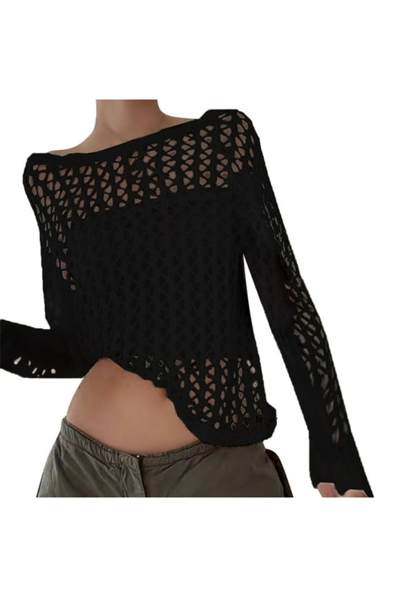 Womens Pullover Sweater Knit Top Long Sleeve Crochet Hollow Out Crewneck Design for Casual Fashion