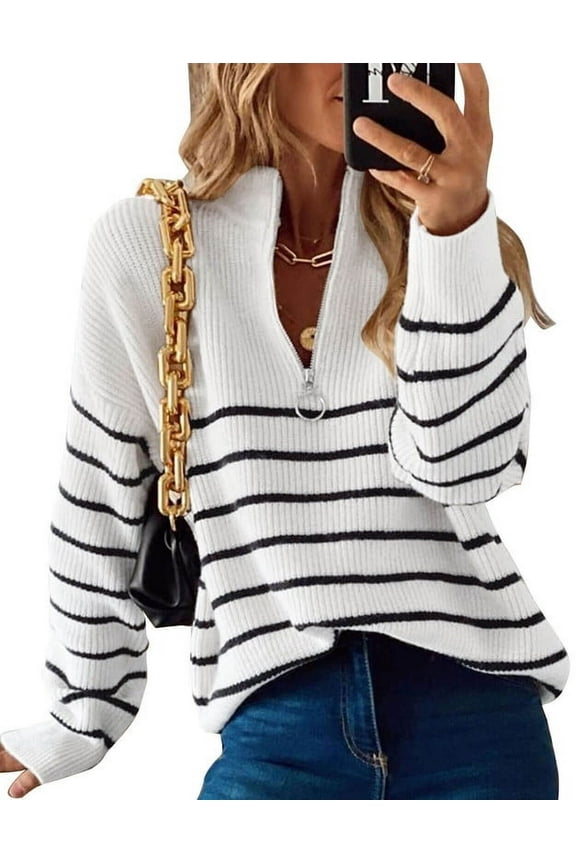Womens Pullover Sweater Zip Down Casual Loose Sweaters Stripe Print Warm Sweaters Shermie