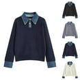 thumbnail image 1 of Womens Pullover Sweater with Denim Trim Collar Loose Knit Top Elegant Casual Soft Yarn Shirt Style Comfortable Winter Outfit, 1 of 4