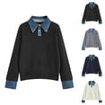 thumbnail image 1 of Womens Pullover Sweater with Denim Trim Collar Loose Knit Top Elegant Casual Soft Yarn Shirt Style Comfortable Winter Outfit, 1 of 4