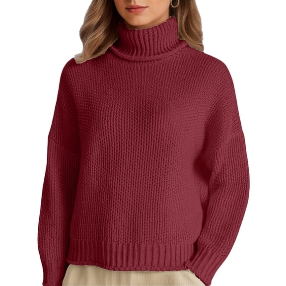 Womens Pullover Sweaters 2025 Fall Fashion Tops Long Sleeve High Neck Thick Knitted Trendy Classic Vintage Clothes Wine S