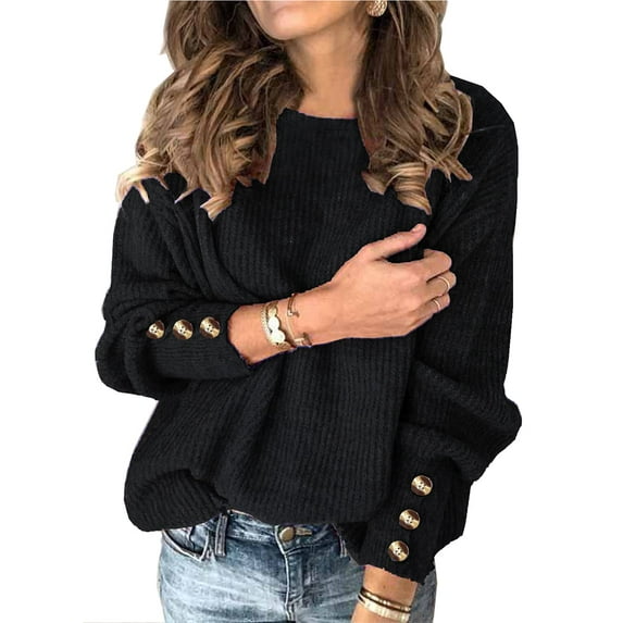 Womens Pullover Sweaters Batwing Long Sleeve Crewneck Casual Loose Knit Jumper Tops with Buttons