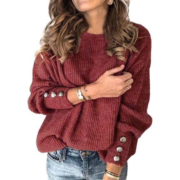 Womens Pullover Sweaters Batwing Long Sleeve Crewneck Casual Loose Knit Jumper Tops with Buttons