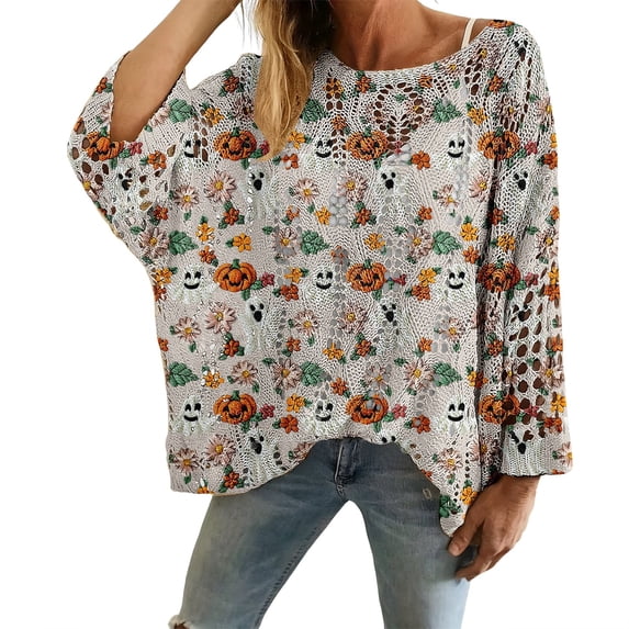Halloween Womens Pullover Sweaters Crochet Cat Pumpkin Ghost Graphic Oversized Knit Pullover Cozy Fall Sweater Pullover Sweaters for Women