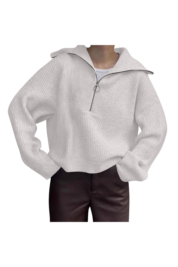 Womens Pullover Sweaters Half Zipper Sweater Fall Soft Slouchy Long Sleeve Ribbed Knit Casual Cropped Tops (M, Beige)