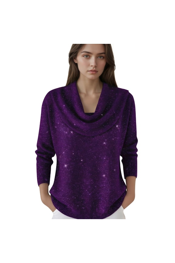 Womens Pullover Sweaters Long Sleeve Knit Top with Draped Cowl Neckline and Relaxed Fit Cowl Neck Sweater for Everyday Wear Purple XXL