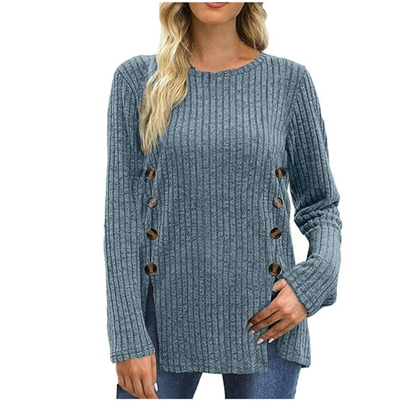 Womens Sweaters Casual Ribbed Sweatshirts for Women Crew Neck Long Sleeve Tops Thin Pullover Button Side Splits Tunics Comfy Womens Lightweight Knit Pullover Womens Shirts Holiday Going Out Wear