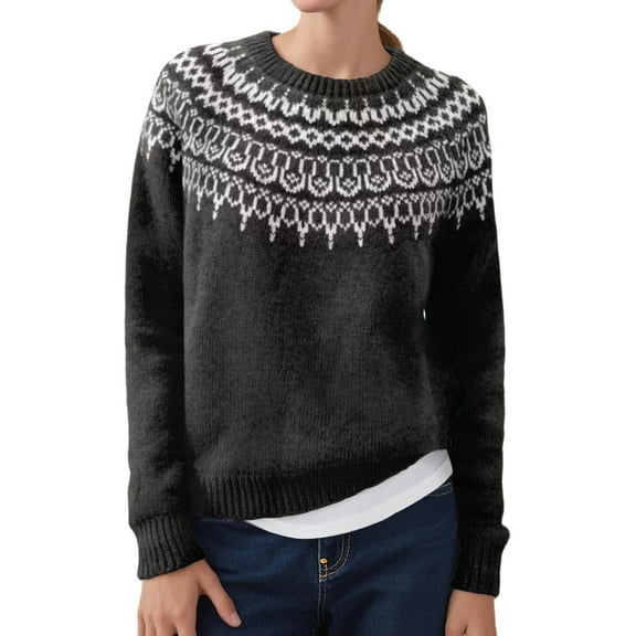 Womens Pullover Sweaters Vintage Western Printed Long Sleeve Crewneck Knit Shirts Casual Fall Winter Comfy Warm Tops