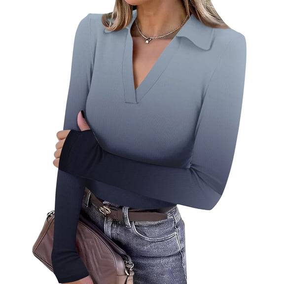 Womens Pullover Sweaters Y2K Going Out Tops Deep V Neck Polo Shirt Thumb Holes Ribbed Long Sleeve Tops for Women Navy L