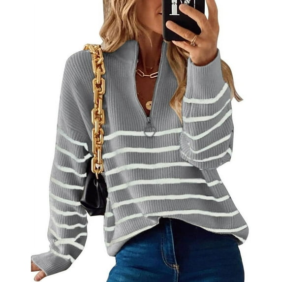 Womens Pullover Sweaters Zip Down Casual Loose Sweaters Stripe Print Warm Sweaters Shermie