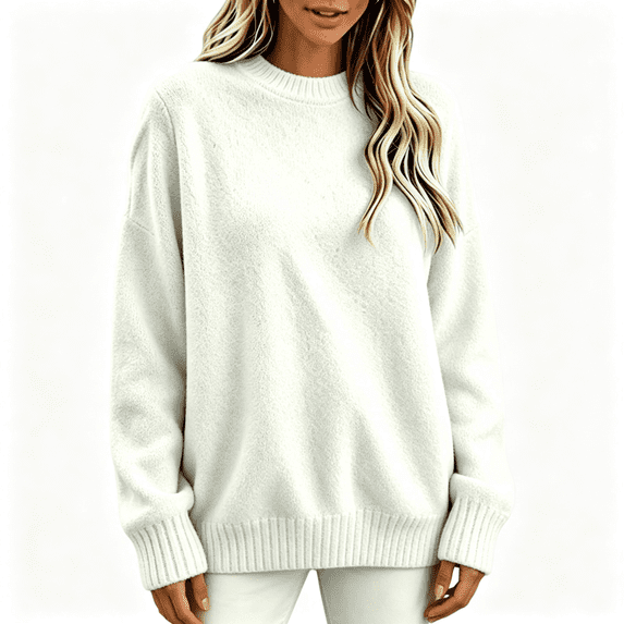 Womens Pullover Sweaters with Pocekt Casual Loose Fit Warm Long Sleeve Lightweight Fall Winter Tops White XL