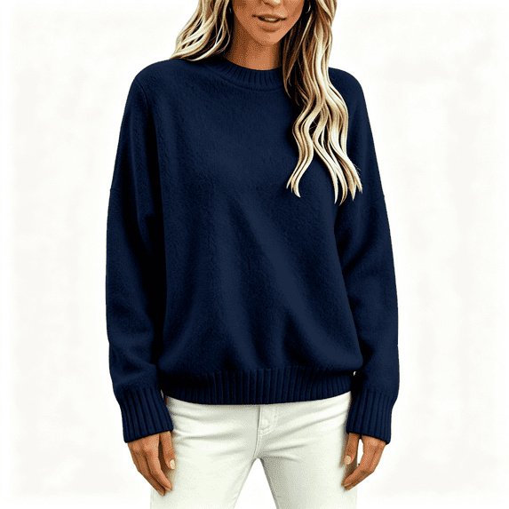 Womens Pullover Sweaters with Pocekt Long Sleeve Lightweight Warm Casual Loose Fit Fall Winter Tops Dark Blue 2XL
