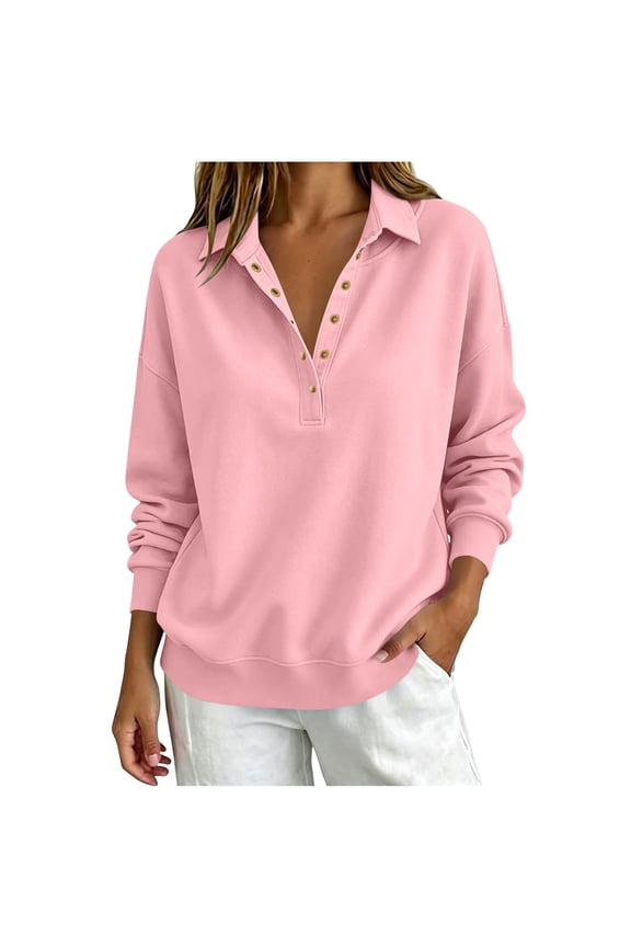 Womens Pullover Sweatshirt Long Sleeve Collared V Neck Button Henley Fall Winter Lightweight Casual Oversized Top