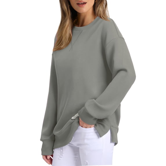 Womens Pullover Sweatshirts Fashionable Casual Solid Color Long Sleeved Tops Round Neck Side Split Loose Fit Embroidered Sweatshirt With Collar Gray S