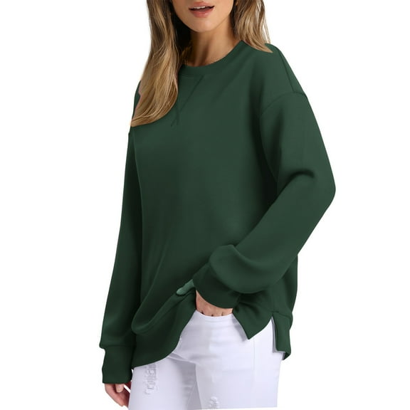 Womens Pullover Sweatshirts Fashionable Casual Solid Color Long Sleeved Tops Round Neck Side Split Loose Fit Embroidered Sweatshirt With Collar Green M