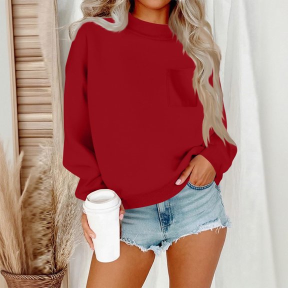 Womens Pullover Sweatshirts Mock Neck Solid Color Fleece Lined Loose Casual Fall Winter Long Sleeve Tops L