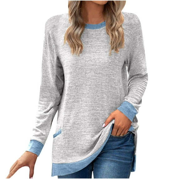 Womens Pullover Top Tees Long Sleeve Casual Comfy Tops for Women Crew Neck Sweatshirts Solid Color Patchwork Tunic (Large, Gray)