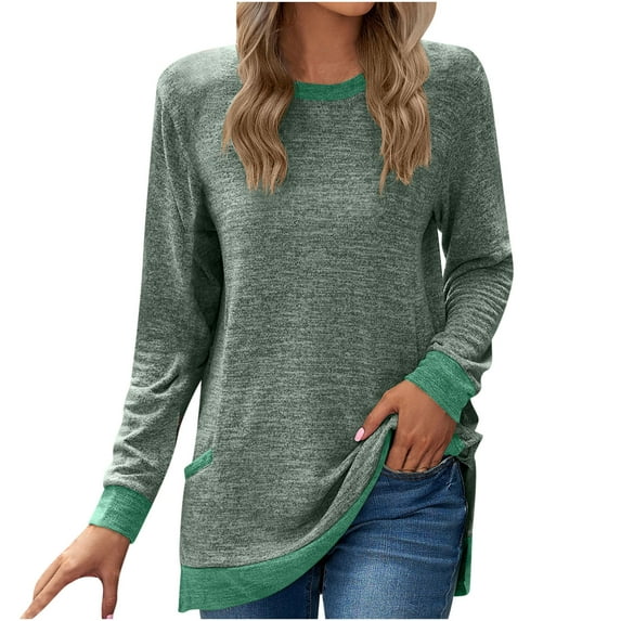 Womens Pullover Top Tees Long Sleeve Casual Comfy Tops for Women Crew Neck Sweatshirts Solid Color Patchwork Tunic (Medium, Army Green)