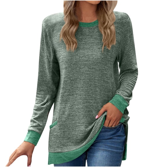 Womens Pullover Top Tees Long Sleeve Casual Comfy Tops for Women Crew Neck Sweatshirts Solid Color Patchwork Tunic (Small, Army Green)
