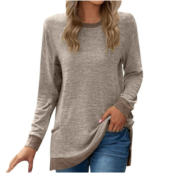 Womens Pullover Top Tees Long Sleeve Casual Comfy Tops for Women Crew Neck Sweatshirts Solid Color Patchwork Tunic (Small, Khaki)