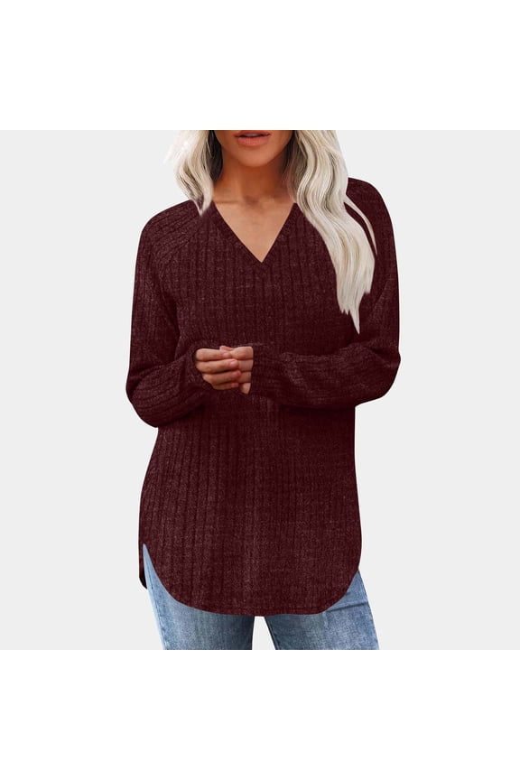 Womens Pullover Tunic Tops New Women's Sweaters Fall Lightweight Long Sleeve V Neck Tunic Tops Casual Looses Curved Hem Knitted Solid Clothing Wine M
