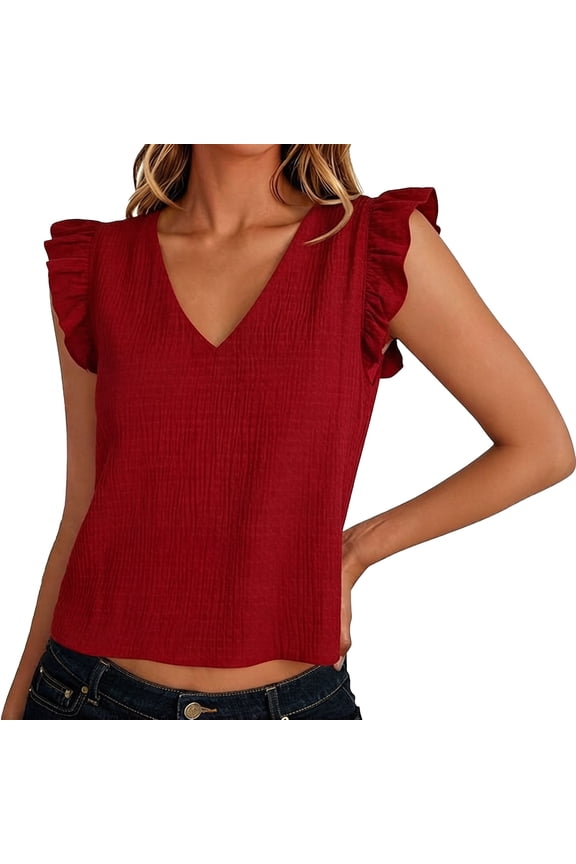 Womens Pullover V Neck Flutter Sleeves Soft Basic Womens Undershirts,Red,3XL