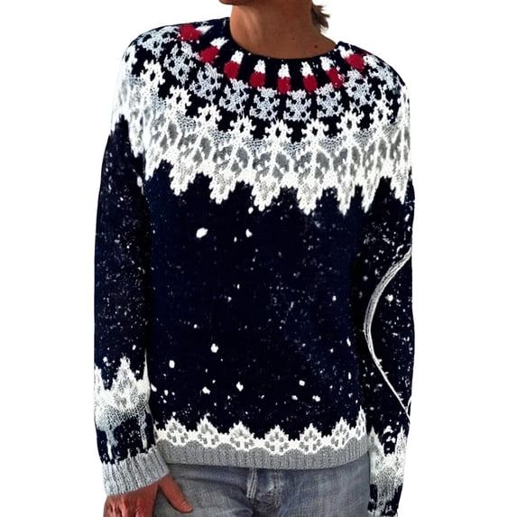 Womens Pullover Vintage Sweater Plus Size Ethnic Fair Isle Sweater Fall Long Sleeve Casual Boho Tops Knitwear Dark Blue, XXL