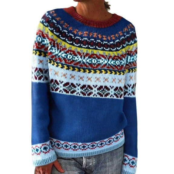 Womens Pullover Vintage Sweater Plus Size Ethnic Fair Isle Sweater Fall Long Sleeve Casual Boho Tops Knitwear Sky Blue, 3XL