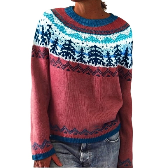 Womens Pullover Vintage Sweater Plus Size Ethnic Fair Isle Sweater Fall Long Sleeve Casual Boho Tops Knitwear Wine, 5XL