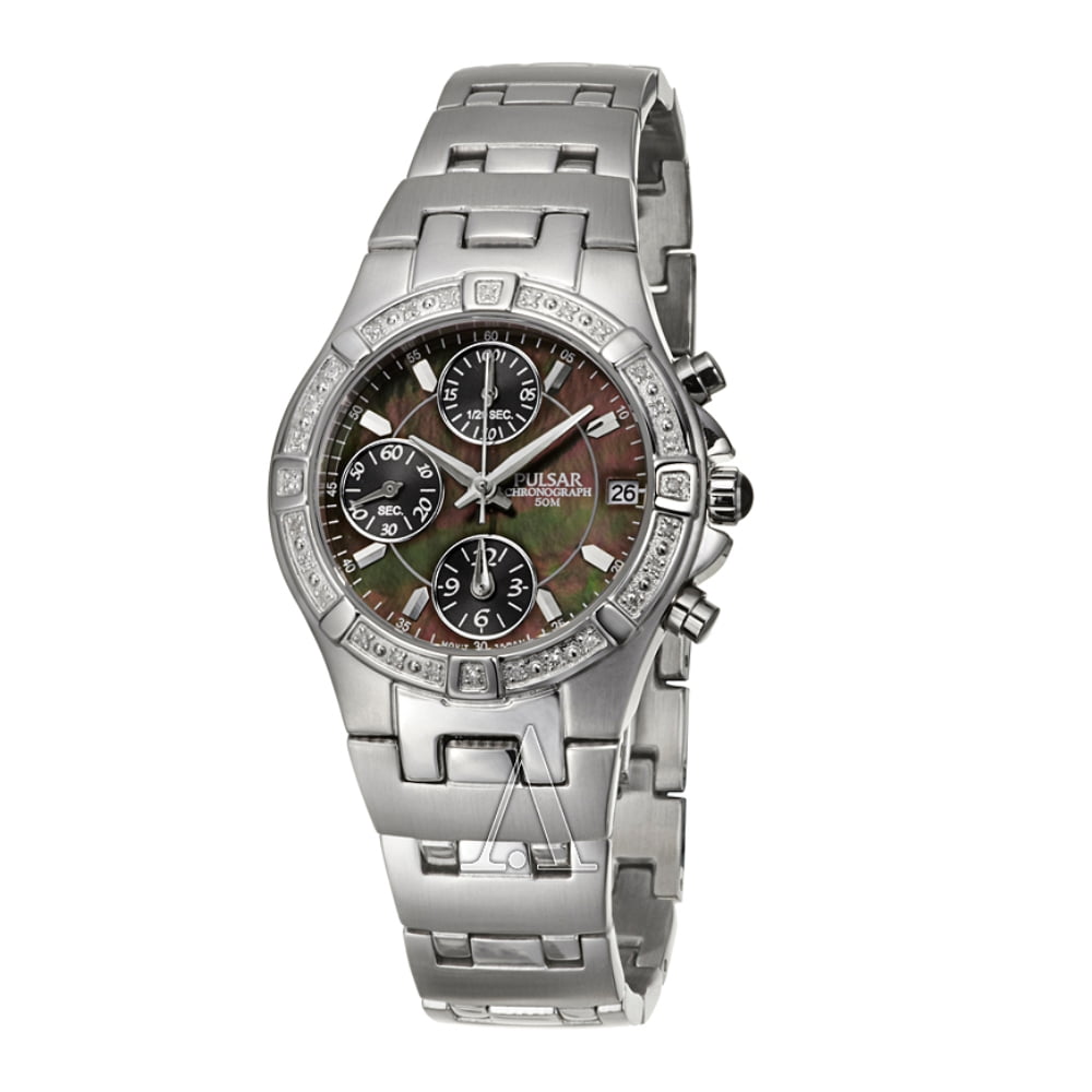 CROTON Womens Pulsar Steel Diamonds MOP Chrono Date Watch PF8263