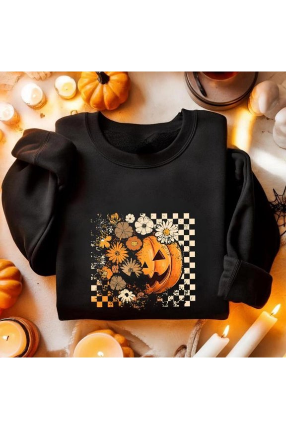 Womens Pumpkin Daisy Graphic Sweatshirt Autumn Pullover Top Casual Round-neck long-sleeved Black S-3XL
