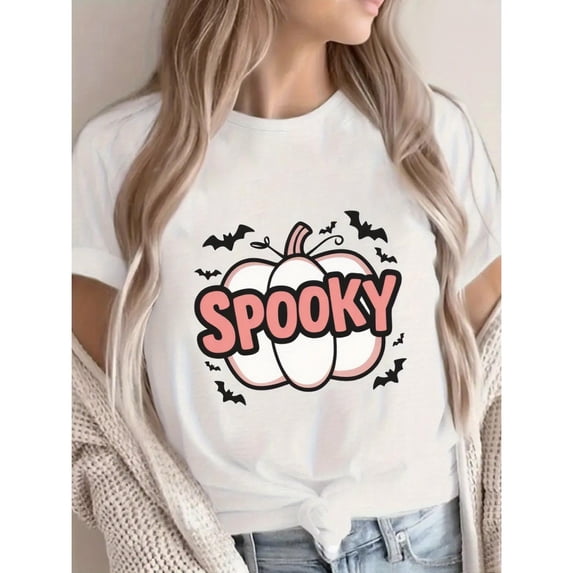 Womens Pumpkin Print Graphic Casual Cotton Tee T Shirt Tops Short Sleeve Round Neck White S-5XL