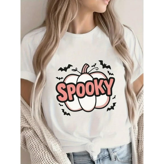 Womens Pumpkin Print Graphic Casual Cotton Tee T Shirt Tops Short Sleeve Round Neck White S-5XL