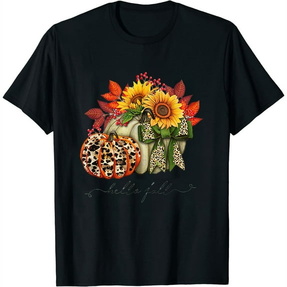 Womens Pumpkin Sunflower Leaves Hello Fall Autumn Thanksgiving T-Shirt Black 4X-Large