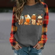 WHLBF Womens Pumpkin Sweatshirt Plus Size Clearance Pumpkin Long Sleeved Printed Round Neck Raglan Sleeves Sweatshirt Gray XL