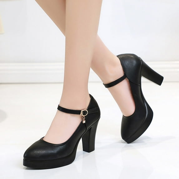 Womens Pumps Shoes Trendy Buckle Strap Slip On Heels Block Heeled Dress Shoes for Wedding Party