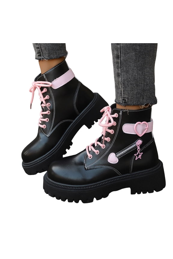 Womens Punk Ankle Boots Trendy Buckle Strappy Gothic Lug Sole Platform Lace up Mid Calf Booties Waterproof Leather Combat Boots