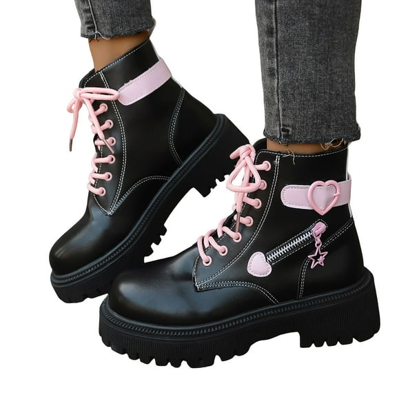 Womens Punk Ankle Boots Trendy Buckle Strappy Gothic Lug Sole Platform Lace up Mid Calf Booties Waterproof Leather Combat Boots
