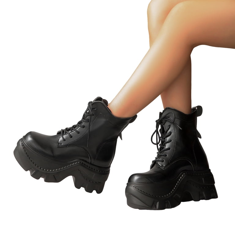 Womens Punk Black Wide Mid Calf Platform Boots Gothic Leather