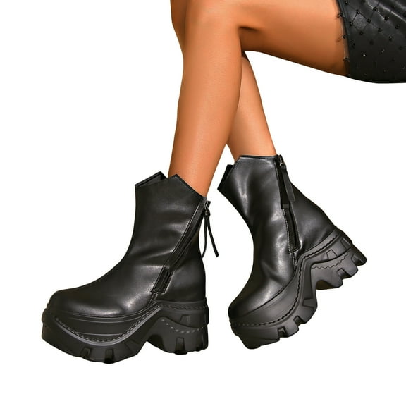 Womens Punk Black Wide Mid Calf Platform Boots Gothic Leather Chunky Zipper Riding Combat Short Ankle Booties