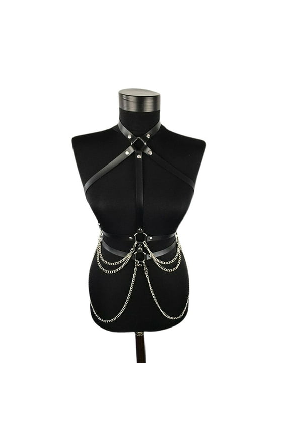 Womens Punk Faux Leather Waist Belt Halter Neck Body Chest Harness with Chain