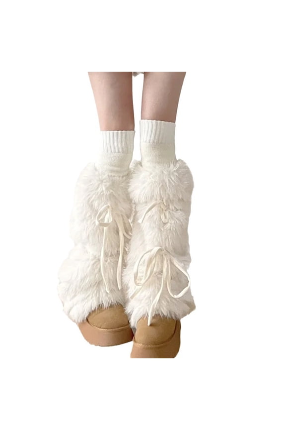 Womens Punk Furry Leg Warmers Winter Warm Sweet Ribbon Bowknot Fuzzy Plush Boot Cuff Leg Sleeve Socks