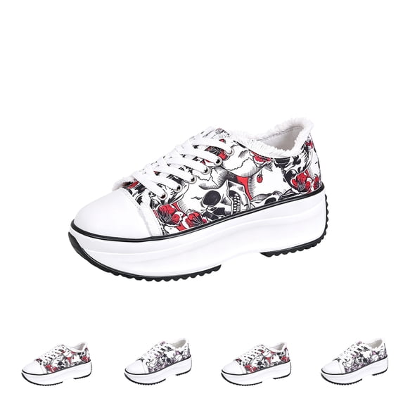 Womens Punk Round Toe Canvas Sneakers Skull Floral Print Lace Up Platform Daily Casual Shoes Red 41