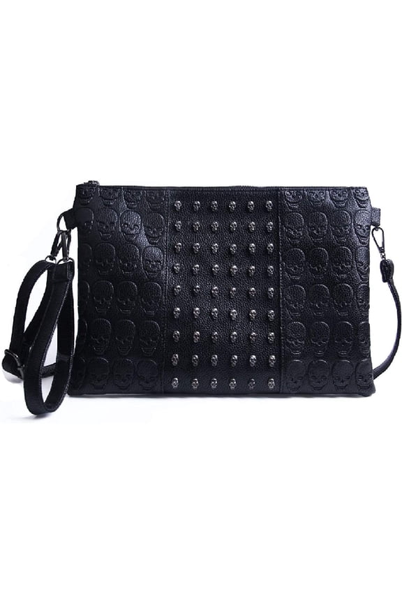Womens Punk Skull Rivet Shoulder Bag PU Leather Goth Crossbody Bag with Chain Wallet Purse for Teen
