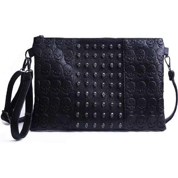 Womens Punk Skull Rivet Shoulder Bag PU Leather Goth Crossbody Bag with Chain Wallet Purse for Teen