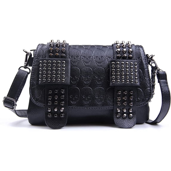 Womens Punk Skull Rivet Shoulder Bag PU Leather Goth Crossbody Bag with Chain Wallet Purse for Teen