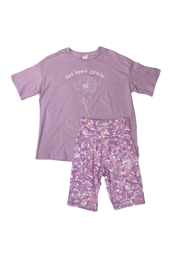 Womens Puprle Floral Let Love Grow Pajamas Knit Tee & Shorts Sleep Set Small
