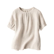 Womens Pure Linen Short Sleeve Blouses Basic Summer Casual Tops