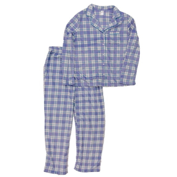 Womens Purple & Blue Plaid Fleece Pajamas Button Front Sleepwear Set X-Large