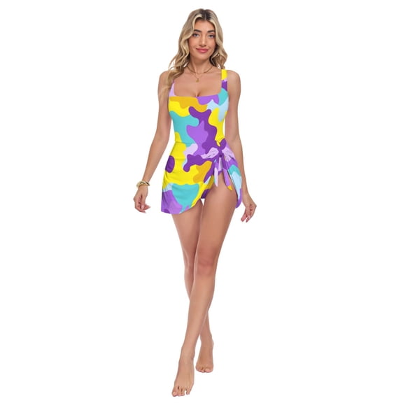 Womens Purple Blue Yellow Camouflage Pattern Print 2-in-1 Swim Dress Detachable Skirt One-Piece Swimsuit Square Neck S-XXL